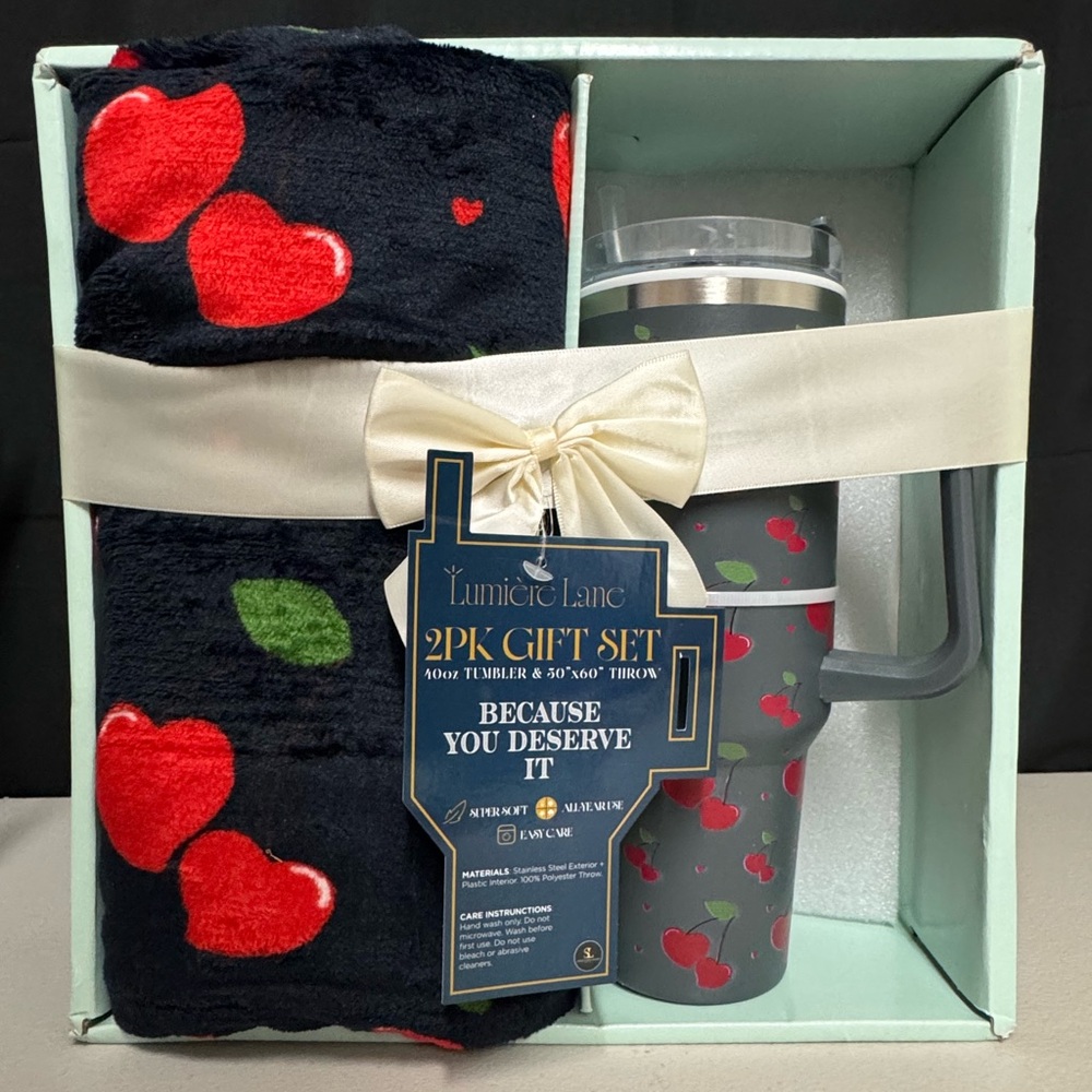 Lumiere Black Red Cherry Throw & Cherry-Print Tumbler Gift Set